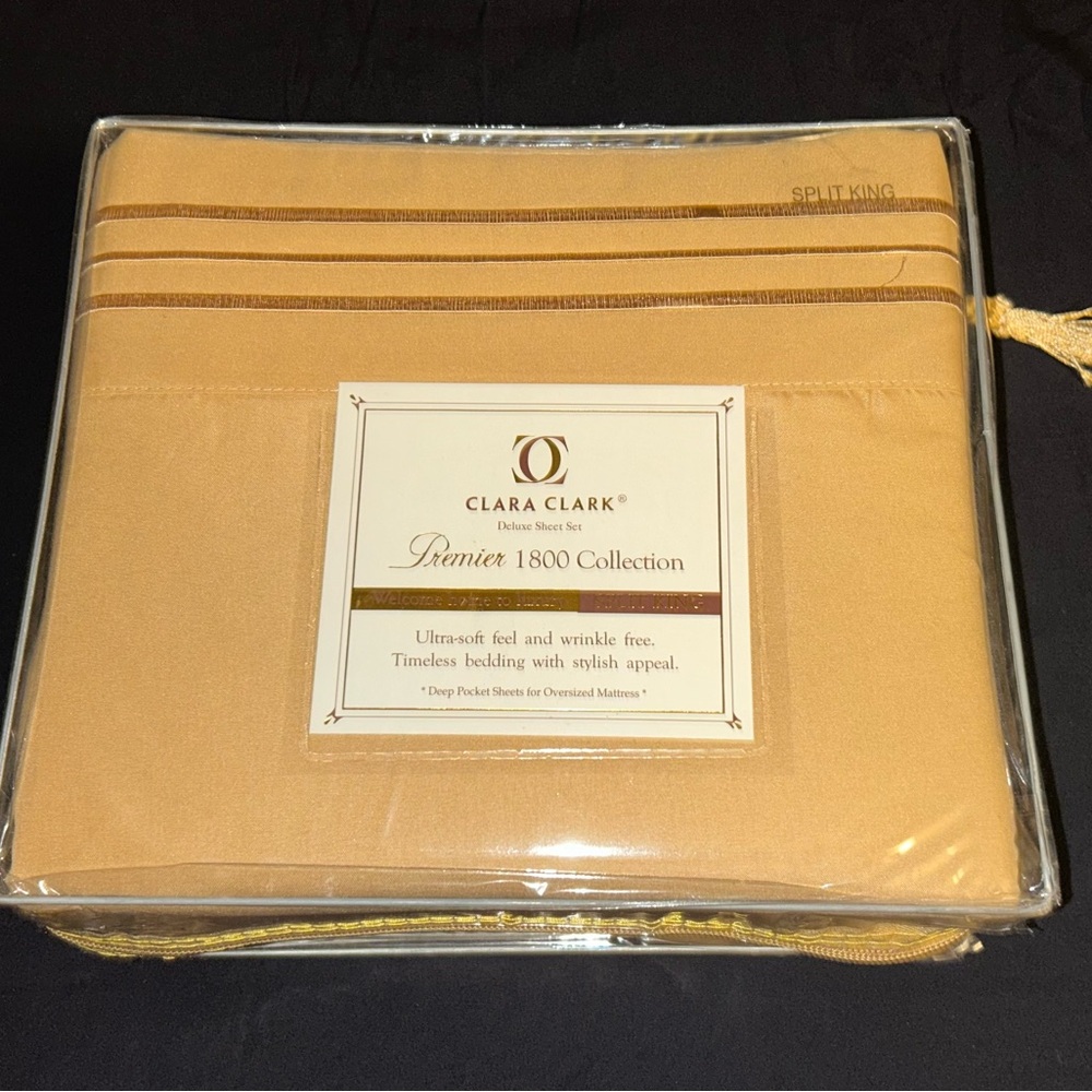 Clara Clark Premier 1800 Sheet in Gold/Camel. Luxury Split King. Deep pockets.